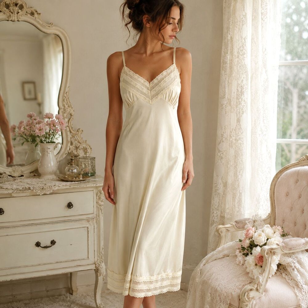 Vintage Romantic Ivory Lace Slip Coquette Lingerie Cottagecore 70s 80s Sz 38